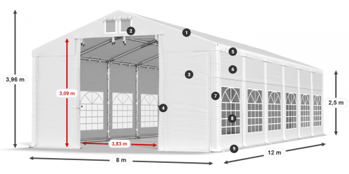Párty stan 8x12x2,5m střecha PVC 620g/m2 boky PVC 620g/m2 konstrukce ZIMA