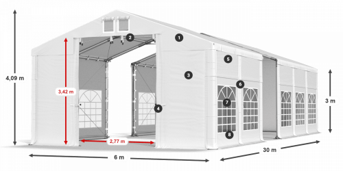 Párty stan 6x30x3m střecha PVC 580g/m2 boky PVC 500g/m2 konstrukce ZIMA PLUS
