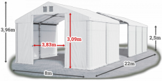 Skladový stan 8x22x2,5m střecha PVC 620g/m2 boky PVC 620g/m2 konstrukce ZIMA