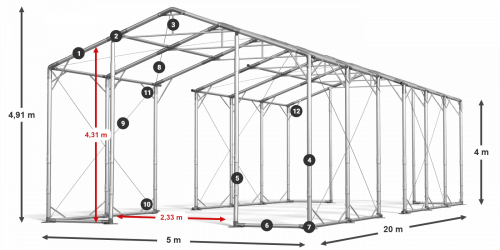Skladový stan 5x20x4m střecha PVC 580g/m2 boky PVC 500g/m2 konstrukce POLÁRNÍ