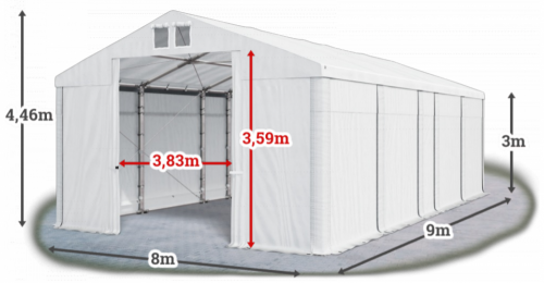 Skladový stan 8x9x3m střecha PVC 580g/m2 boky PVC 500g/m2 konstrukce ZIMA PLUS