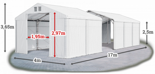 Skladový stan 4x17x2,5m střecha PVC 580g/m2 boky PVC 500g/m2 konstrukce POLÁRNÍ