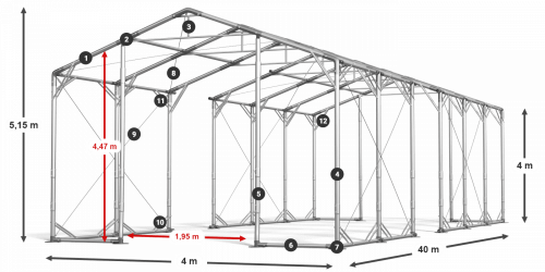 Skladový stan 4x40x4m střecha PVC 620g/m2 boky PVC 620g/m2 konstrukce POLÁRNÍ PLUS