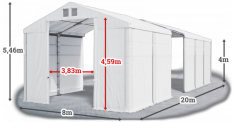 Skladový stan 8x20x4m střecha PVC 620g/m2 boky PVC 620g/m2 konstrukce ZIMA