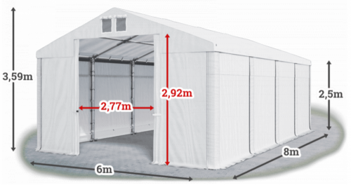 Skladový stan 6x8x2,5m strecha PVC 560g/m2 boky PVC 500g/m2 konštrukcia ZIMA