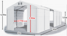 Skladový stan 6x30x3,5m střecha PVC 620g/m2 boky PVC 620g/m2 konstrukce POLÁRNÍ PLUS