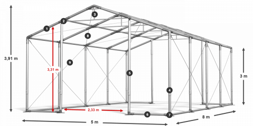Párty stan 5x8x3m střecha PVC 560g/m2 boky PVC 500g/m2 konstrukce ZIMA PLUS