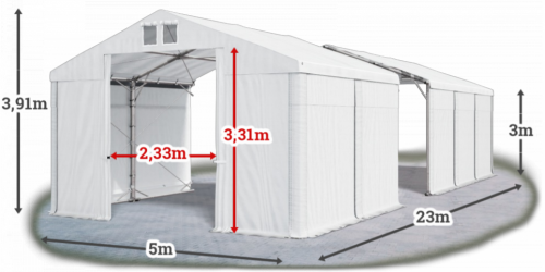 Skladový stan 5x23x3m střecha PVC 580g/m2 boky PVC 500g/m2 konstrukce POLÁRNÍ