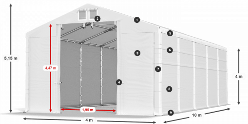 Skladový stan 4x10x4m střecha PVC 580g/m2 boky PVC 500g/m2 konstrukce ZIMA