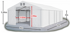Skladový stan 8x9x2m střecha PVC 580g/m2 boky PVC 500g/m2 konstrukce POLÁRNÍ PLUS