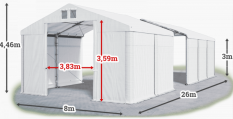 Skladový stan 8x26x3m strecha PVC 620g/m2 boky PVC 620g/m2 konštrukcia ZIMA PLUS