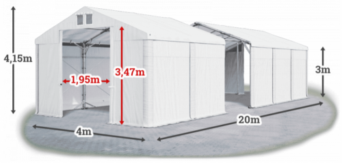 Skladový stan 4x20x3m střecha PVC 560g/m2 boky PVC 500g/m2 konstrukce POLÁRNÍ PLUS