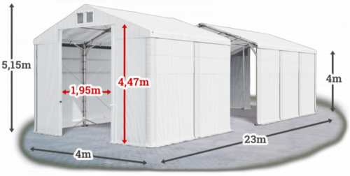 Skladový stan 4x23x4m strecha PVC 580g/m2 boky PVC 500g/m2 konštrukcia POLÁRNA PLUS