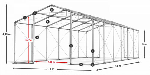 Párty stan 4x12x3m střecha PVC 620g/m2 boky PVC 620g/m2 konstrukce ZIMA PLUS