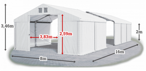 Skladový stan 8x16x2m střecha PVC 560g/m2 boky PVC 500g/m2 konstrukce ZIMA PLUS