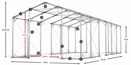 Skladový stan 4x14x4m střecha PVC 580g/m2 boky PVC 500g/m2 konstrukce POLÁRNÍ