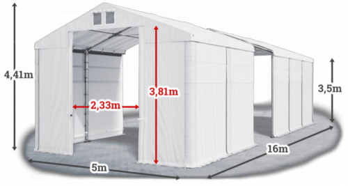 Skladový stan 5x16x3,5m strecha PVC 620g/m2 boky PVC 620g/m2 konštrukcia ZIMA