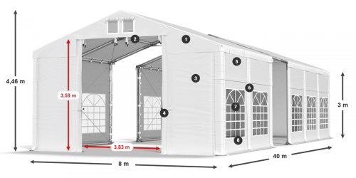 Párty stan 8x40x3m střecha PVC 620g/m2 boky PVC 620g/m2 konstrukce ZIMA PLUS