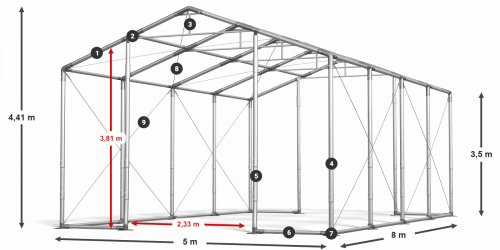 Párty stan 5x8x3,5m strecha PVC 560g/m2 boky PVC 500g/m2 konštrukcia ZIMA PLUS