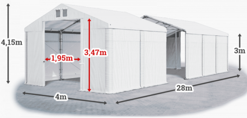 Skladový stan 4x28x3m strecha PVC 620g/m2 boky PVC 620g/m2 konštrukcia ZIMA PLUS