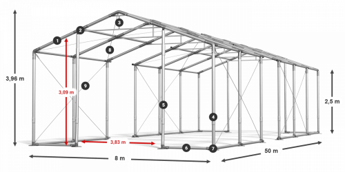 Skladový stan 8x50x2,5m strecha PVC 620g/m2 boky PVC 620g/m2 konštrukcia ZIMA PLUS