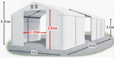 Skladový stan 5x40x2,5m strecha PVC 620g/m2 boky PVC 620g/m2 konštrukcia ZIMA PLUS