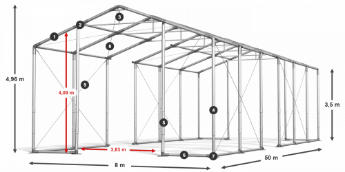 Párty stan 8x50x3,5m strecha PVC 580g/m2 boky PVC 500g/m2 konštrukcia ZIMA PLUS