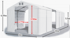 Skladový stan 6x30x3,5m střecha PVC 560g/m2 boky PVC 500g/m2 konstrukce POLÁRNÍ PLUS