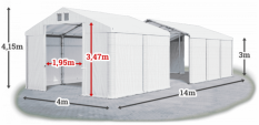 Skladový stan 4x14x3m střecha PVC 560g/m2 boky PVC 500g/m2 konstrukce ZIMA