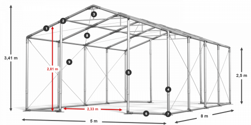 Párty stan 5x8x2,5m střecha PVC 560g/m2 boky PVC 500g/m2 konstrukce ZIMA PLUS