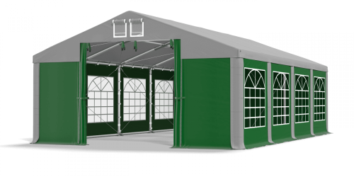 Párty stan 4x10x2,5m střecha PVC 580g/m2 boky PVC 500g/m2 konstrukce ZIMA PLUS - Barva střešní plachty: Šedá, Barva boční plachty: Zelená, Barva svislých pruhů: Šedá