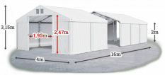 Skladový stan 4x16x2m střecha PVC 560g/m2 boky PVC 500g/m2 konstrukce ZIMA