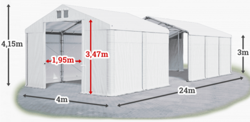 Skladový stan 4x24x3m střecha PVC 620g/m2 boky PVC 620g/m2 konstrukce ZIMA PLUS