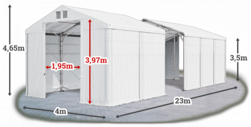 Skladový stan 4x23x3,5m střecha PVC 580g/m2 boky PVC 500g/m2 konstrukce POLÁRNÍ PLUS