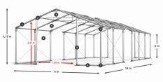 Párty stan 4x16x2m střecha PVC 560g/m2 boky PVC 500g/m2 konstrukce ZIMA PLUS