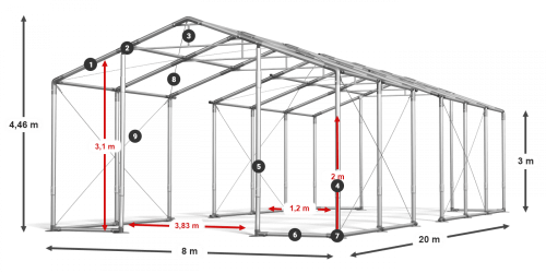Skladový stan celoročný 8x20x3m nehorľavá plachta PVC 600g/m2 konštrukcia ZIMA PLUS