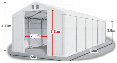 Skladový stan 5x12x3,5m střecha PVC 560g/m2 boky PVC 500g/m2 konstrukce POLÁRNÍ PLUS