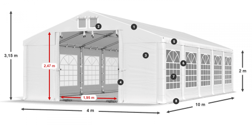 Párty stan 4x10x2m střecha PVC 560g/m2 boky PVC 500g/m2 konstrukce LÉTO PLUS - Barva střešní plachty: Bílá, Barva boční plachty: Šedá, Barva svislých pruhů: Zelená Párty stan 4x10x2m střecha PVC 560g/m2 boky PVC 500g/m2 konstrukce LÉTO PLUS - Barva střešní plachty: Bílá, Barva boční plachty: Šedá, Barva svislých pruhů: Zelená