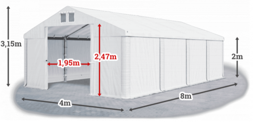 Skladový stan 4x8x2m strecha PVC 560g/m2 boky PVC 500g/m2 konštrukcie LETO