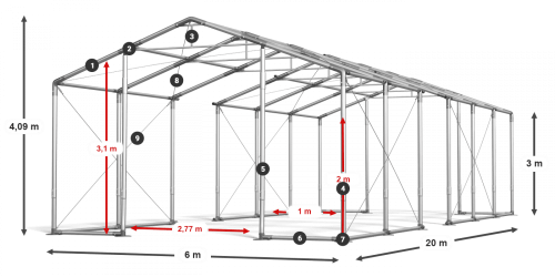 Skladový stan celoročný 6x20x3m nehorľavá plachta PVC 600g/m2 konštrukcia ZIMA PLUS