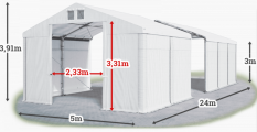 Skladový stan 5x24x3m střecha PVC 560g/m2 boky PVC 500g/m2 konstrukce ZIMA PLUS