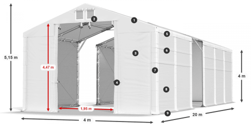 Skladový stan 4x20x4m strecha PVC 620g/m2 boky PVC 620g/m2 konštrukcia POLÁRNA PLUS