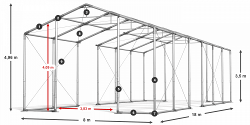 Skladový stan 8x18x3,5m strecha PVC 620g/m2 boky PVC 620g/m2 konštrukcia ZIMA PLUS