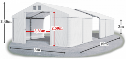 Skladový stan 8x15x2m střecha PVC 580g/m2 boky PVC 500g/m2 konstrukce ZIMA
