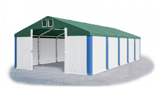 Garážový stan 4x8x2m střecha PVC 560g/m2 boky PVC 500g/m2 konstrukce ZIMA - Barva střešní plachty: Zelená, Barva boční plachty: Bílá, Barva svislých pruhů: Modrá