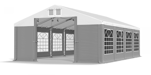 Párty stan 4x10x2,5m střecha PVC 580g/m2 boky PVC 500g/m2 konstrukce ZIMA PLUS - Barva střešní plachty: Bílá, Barva boční plachty: Šedá, Barva svislých pruhů: Šedá