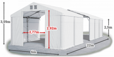 Skladový stan 6x22x2,5m střecha PVC 560g/m2 boky PVC 500g/m2 konstrukce POLÁRNÍ
