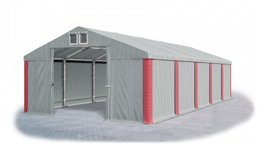 Garážový stan 4x8x2m střecha PVC 560g/m2 boky PVC 500g/m2 konstrukce ZIMA - Barva střešní plachty: Šedá, Barva boční plachty: Šedá, Barva svislých pruhů: Červená Garážový stan 4x8x2m střecha PVC 560g/m2 boky PVC 500g/m2 konstrukce ZIMA - Barva střešní plachty: Šedá, Barva boční plachty: Šedá, Barva svislých pruhů: Červená