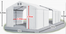 Skladový stan 5x40x2,5m strecha PVC 560g/m2 boky PVC 500g/m2 konštrukcie ZIMA PLUS