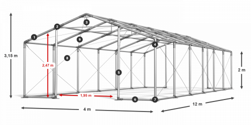 Párty stan 4x12x2m střecha PVC 560g/m2 boky PVC 500g/m2 konstrukce ZIMA PLUS
